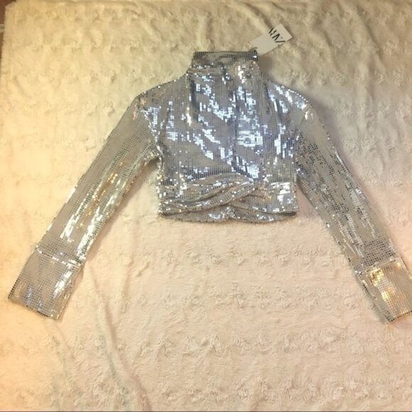 Nwt ZARA Draped Silver Sparkly Cropped Top Size XS - Picture 2 of 11